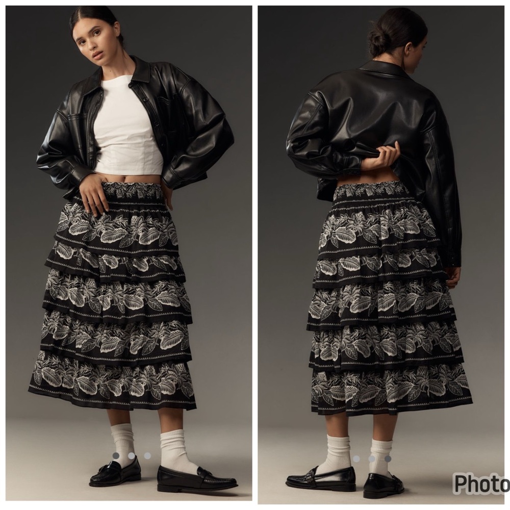 Anthropologie Banjanan Lily Tiered Midi Skirt Black White Floral Small